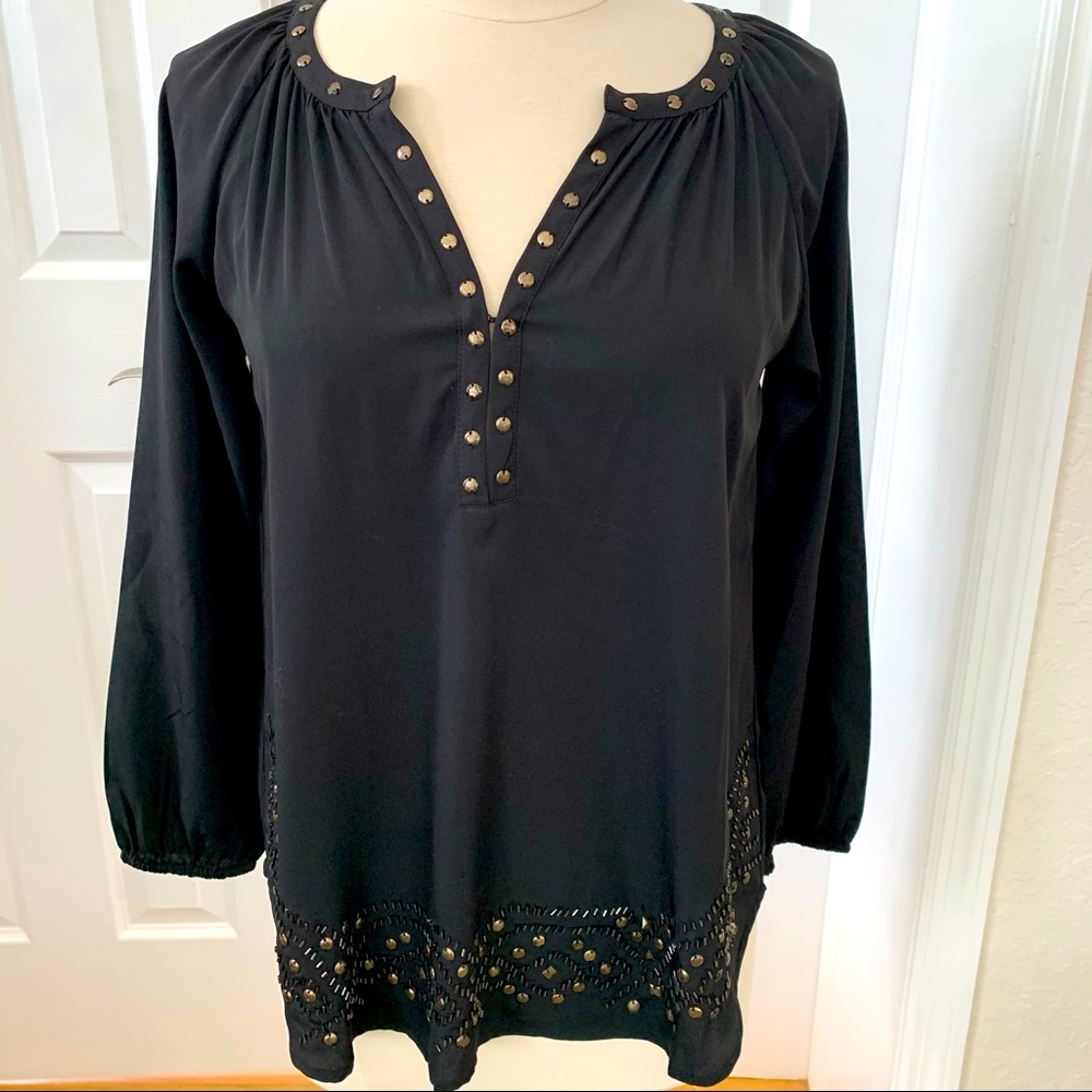 BeachLunchLounge Black Studded V Neck Blouse